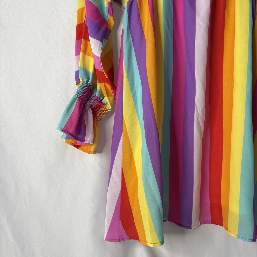 Peach Love California M Rainbow Stripe Dress Boho Retro Mini V-neck Ruffle USA - Picture 4 of 7